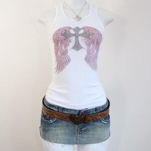 y2k pink winged cross graphic tank white ribbed mcbling grunge size S